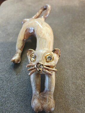 Vintage Enamel Siamese Cat Brooch Pin Arched Stretching Gold Tone Rhinestone Eye